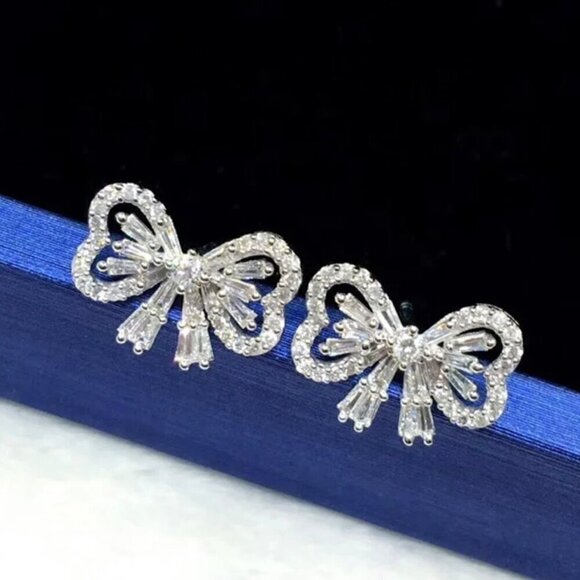 New 14K White Gold Plated Delicate Women’s CZ Pave Bow Stud Earrings - Picture 9 of 11